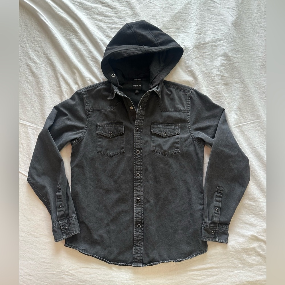 Guess black denim hooded button up